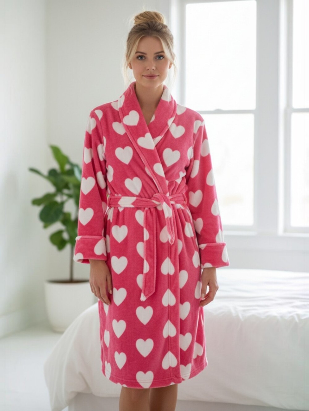 Croft And Barrow Size Medium Pink Plush Robe With Pretty White Heart Design